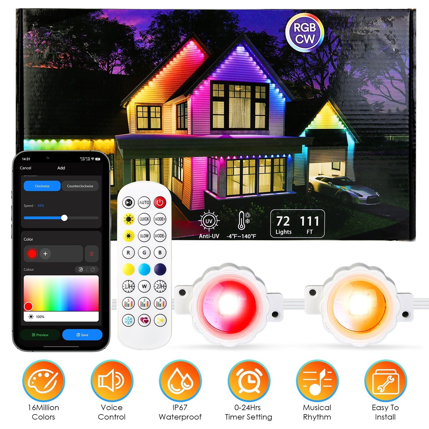 Smart Outdoor RGB Lights 101ft – Permanent Waterproof Lighting with Alexa & Google Assistant | Christmas & Year-Round Décor